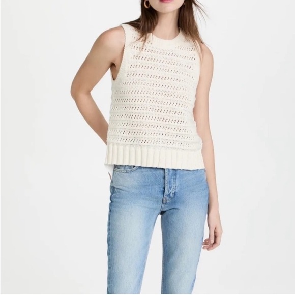 Veronica Beard Tops - Veronica Beard Ivory Crochet Knit Sleeveless Sweater with Cotton Curved Back Hem